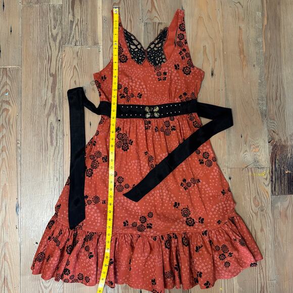 Free People Boho Floral Dress Rust Orange Lace Neckline Ruffle Hem Sz S - Picture 6 of 9